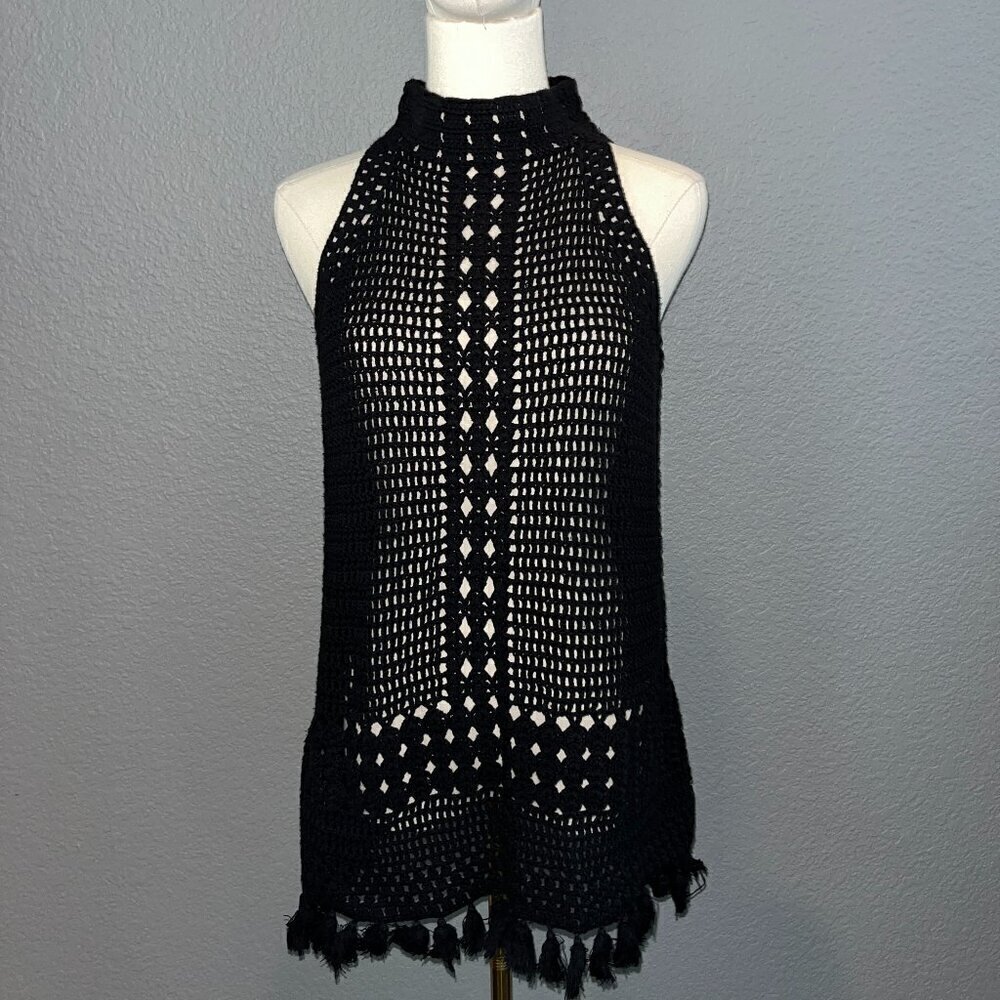 525 AMERICA Crochet Black Tunic Mini Dress Top Cover-up Tassel Hem  - EUC -M